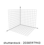 3d coordinate axis xyz, 10x10 blank grid isolated on white background, black lines