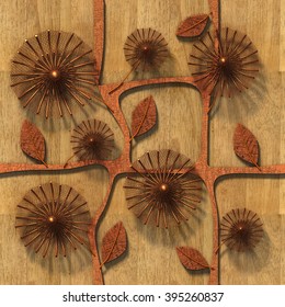 3d , copper flowers on a wooden background, seamless