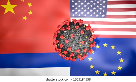 3D Coronavirus With European Union, United States, Russian Federation And China Waving Flags. Race To Be The First Nation To Obtain The Vaccine