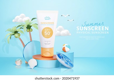 3d cosmetic ad template in island vacation theme. Tube mock up on round podium with beach swim objects. - Shutterstock ID 2020471937