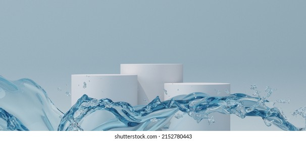 3d Cosmetic Background. Podium With Abstract Water Splash Blue Background For Banner, Product Or Cosmetics Presentation. 3d Rendering Illustration.