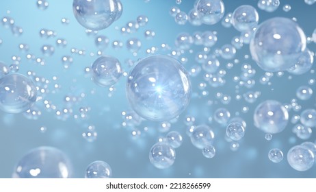 3D cosmetic rendering Bubbles of serum on a blurry background. Cosmetics miracle bubble design iridescent liquid blobs floating in space, transparent balls, and create bubbles.