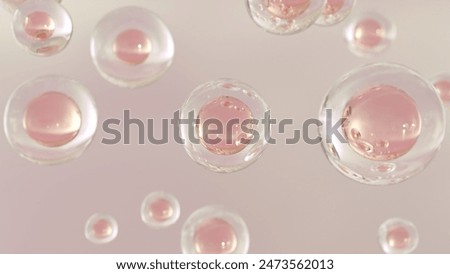 3D cosmetic rendering Serum bubbles of various colors on a blurred background. Design of collagen bubbles. Elements of Moisturizing and Serum Concept. Concept of vitamins for beauty and personal care.