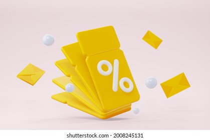 3d Coupon With Envelopes And A Percentage. For Discounts, Marketing And Promotion.