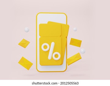 3d Coupon With Envelopes And A Percentage On A Mobile Phone. 3d Rendering.