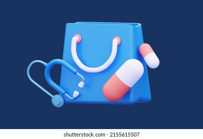 3D coupon with package medical accessories and medicines. Isolated on a blue background. Pharmacy store concept. 3d rendering illustration - Powered by Shutterstock