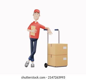 3d courier character leaning on hand truck and holding clipboard on white background. 3d rendering illustration - Powered by Shutterstock