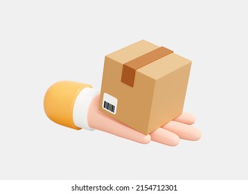 3D Courier's Hand Holding Cardboard Box. Fast Delivery Concept. Package Delivery. Online Shopping. Cargo Box With Barcode. Cartoon Creative Design Icon Isolated On White Background. 3D Rendering