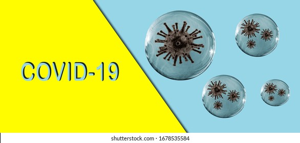 3D COVID-19 In Transparent Bubbles  On Colorful Background. World Health Organisation WHO Introduced New Official Name For Coronavirus Disease Named COVID-19