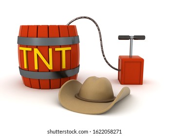 3D Cowboy hat next to powder keg and detonation plunger. 3D Rendering isolated on white.