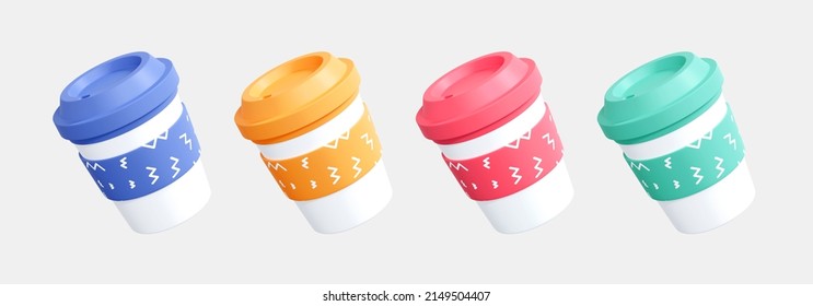 3D Creative Aper Coffee Up. Disposable Plastic Drink Cup With Lid. Beverage Package Mockup Design For Branding. Realistic Icon Set Isolated On White Background. Colored Cartoon Elements. 3D Rendering 