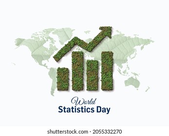 3D Creative Illustration Design Or Poster Of World Statistics Day Awareness. World Map Isolated With A Statistics Line Chart.