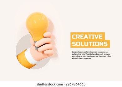 3D Creative Solutions banner illustration. Hand holding light bulb. Innovation and idea concept. Business success. Inspire or motivate. Web landing page template. Cartoon creative design. 3D Rendering - Powered by Shutterstock