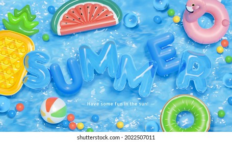 3d creative summer background in swimming pool party theme. Top view of balls, swim rings and fruit shape lilos floating on water. - Shutterstock ID 2022507011