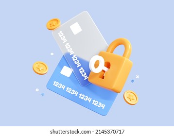 3D Credit Card With Lock. Blocked Money In A Bank Account. Protection For Online Payment. Keeping Money Safe. Locked Bank Card. Cartoon Creative Design Icon Isolated On Blue Background. 3D Rendering