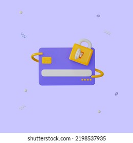 3D Credit Card With Lock. Blocked Money In A Bank Account. Protection For Online Payment. Keeping Money Safe. Locked Bank Card. Cartoon Creative Design Icon Isolated On Blue Background. 3D Rendering