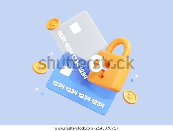 3D Credit card with Lock. Blocked money in a\
bank account. Protection for online payment. Keeping money safe.\
Locked bank card. Cartoon creative design icon isolated on blue\
background. 3D\
Rendering