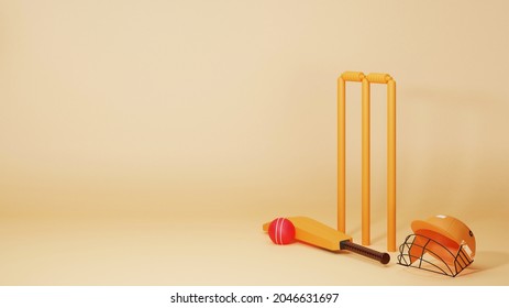 3D Cricket Equipments Like As Bat, Ball, Wicket Stumps And Helmet On Pastel Yellow Background With Copy Space.