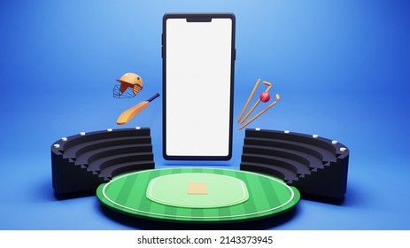 3D Cricket Stadium View With Tournament Equipment, Smartphone And Copy Space On Glossy Blue Background.