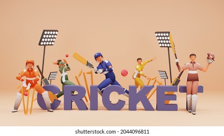 3D Cricket Text With Cricketer Players In Playing Poses And Stadium Lights On Beige Background.