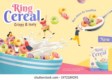 3d Crispy And Tasty Ring Cereal Ad Banner. Kids Playing In A Bowl Full Of Ring Cereals And Splash Of Milk. Suitable For Healthy Breakfast.