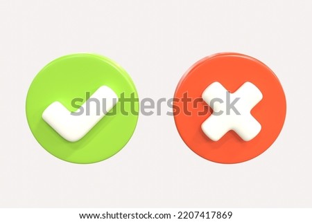 3D cross check mark, tick mark glossy round icon. Realistic render cancel, correct sign visualization. Agreement success, disapprove box. Error, done. 3d rendering interface approve , decline button