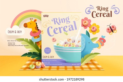 3d crunchy ring cereal ad template. Product package mock up sets on a picnic mat, decorated with butterfly, flowers and cute zoo animals. - Powered by Shutterstock