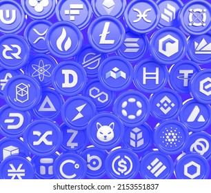 3d Crypto Currencies background. All Crypto coins logo set. Xrp, Dogecoin, Binance, Ethereum, Btc, Bitcoin, Theter. Cryptocurrency coins concept.  Digital moneys. Cryptocurrency texture 3d rendering. 