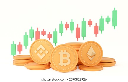 3D cryptocurrency coin isolated on white background. Bullish Candlestick graph investment trading, Bitcoin, Binance, Ethereum, Banner Blockchain Cryptocurrency Concept, BTC, BNB, ETH, 3D rendering.