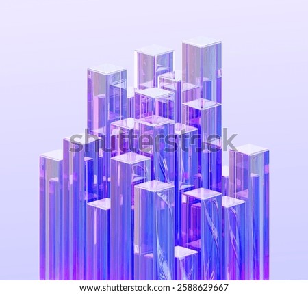 3d crystal glass rectangle cube pillars with holographic neon light gradient. Abstract geometric purple background with transparent square columns, glossy blocks, render tech banner. 3D Illustration