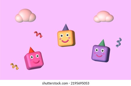 3D Cube Cartoon Illustration With Face Smile, Cone Hat And Cloud