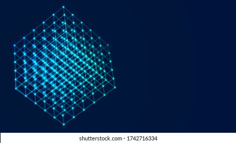 3D Cube Of Lines And Dots. Wireframe Polygonal Element On Dark Background. Science And Technology. 3d Rendering