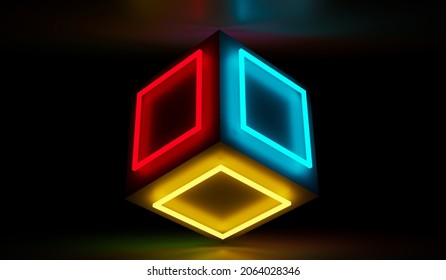 3d Cube With Neon Light On Black Background. 3d Rendering