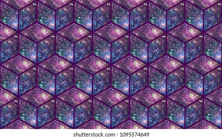 3d cubes. Abstract seamless pattern with blue and violet glittering textures. Fantasy design for wallpapers or fabric.