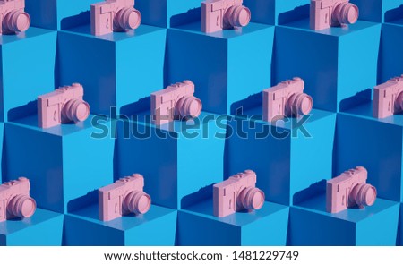 3d Cubes Pattern render Fresh still life holidays illustration Vacations composition Pink Photo camera summer objects closeup Blue background with wave patterns