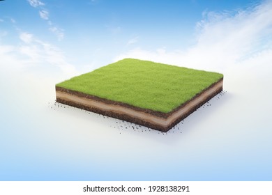 3D Cubical Beautiful Grass Land With Soil Geology Cross Section, 3D Illustration Ground Ecology Isolated On Blue Sky