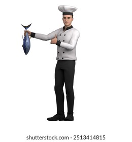 3D Culinary Chef Male. A male chef stands holding fresh fish with one hand and giving a thumbs up gesture with the other. Professional Illustration - Powered by Shutterstock