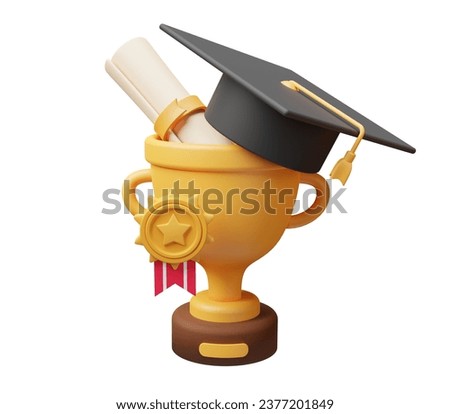 3d cup, graduation cap, rolled diploma and medal, illustration of graduation, school and education