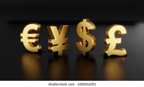 3D Currency Symbols Including The Pound, Yen, Dollar & Euro.