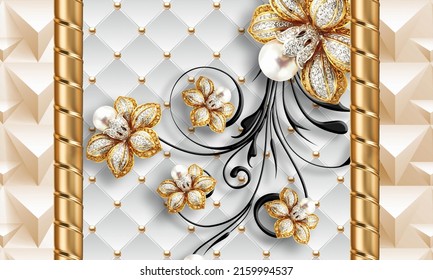 3D Custom Wallpaper Leather Background With Jewelry Flower Golden And Diamond Luxury Design