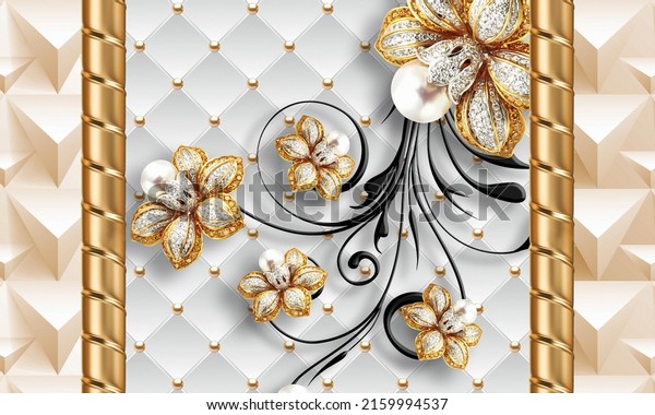 3D custom wallpaper leather background with jewelry flower golden and diamond luxury design