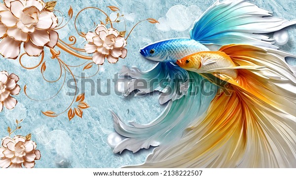 3D customized purple and white wallpaper, fish and jewelry flower and texture background beautiful design for interior
