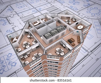 3D Cut Of Office Building On Architect's Drawing.