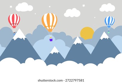 3d cute background mountains clouds kids wallpaper mural with air balloon, clouds and stars in moon view. Kids seamless pattern. Pastel colors. nursery illustration
