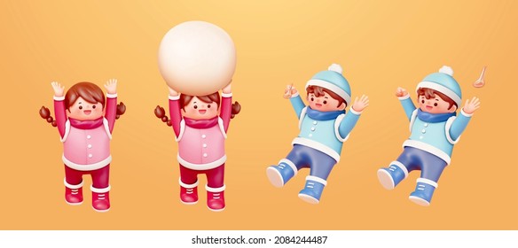 3D Cute Boy And Girl In Winter Wear. Illustration Of Kids With A Girl Carrying Glutinous Rice Ball Overhead And Boy Holding A Spoon On His Right Hand