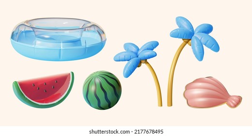 3d cute cartoon summer pool floats with different shapes, including watermelon, palm trees, ring and sea shell. Isolated on beige background.