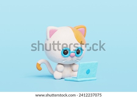 3D cute cat working on laptop, Cartoon animal character, 3D rendering.