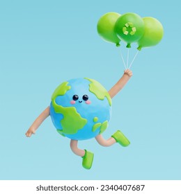 3D cute earth cartoon character, world Environment day, save planet and energy, eco friendly, 3d rendering.