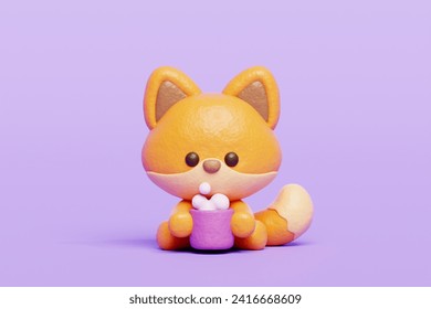 3D cute fox drinking coffee, Cartoon animal character, 3D rendering.