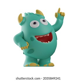 3D Cute Monster Cartoon Design Pointing And Looking Up